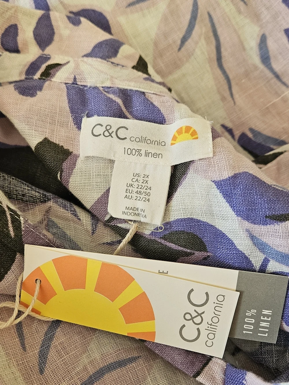 NWT C&C California 100% LINEN Purple on White Leaf Print Tunic Top Plus Size 2X - Picture 9 of 10